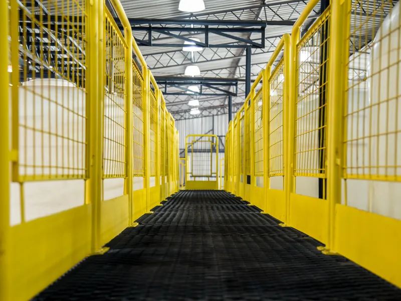 Plataforma metálica industrial com guarda-corpo instalada em área produtiva