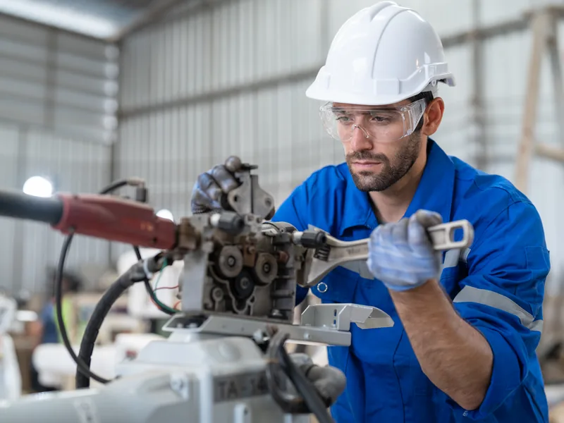 Mecânico industrial ajustando componente de máquina durante manutenção